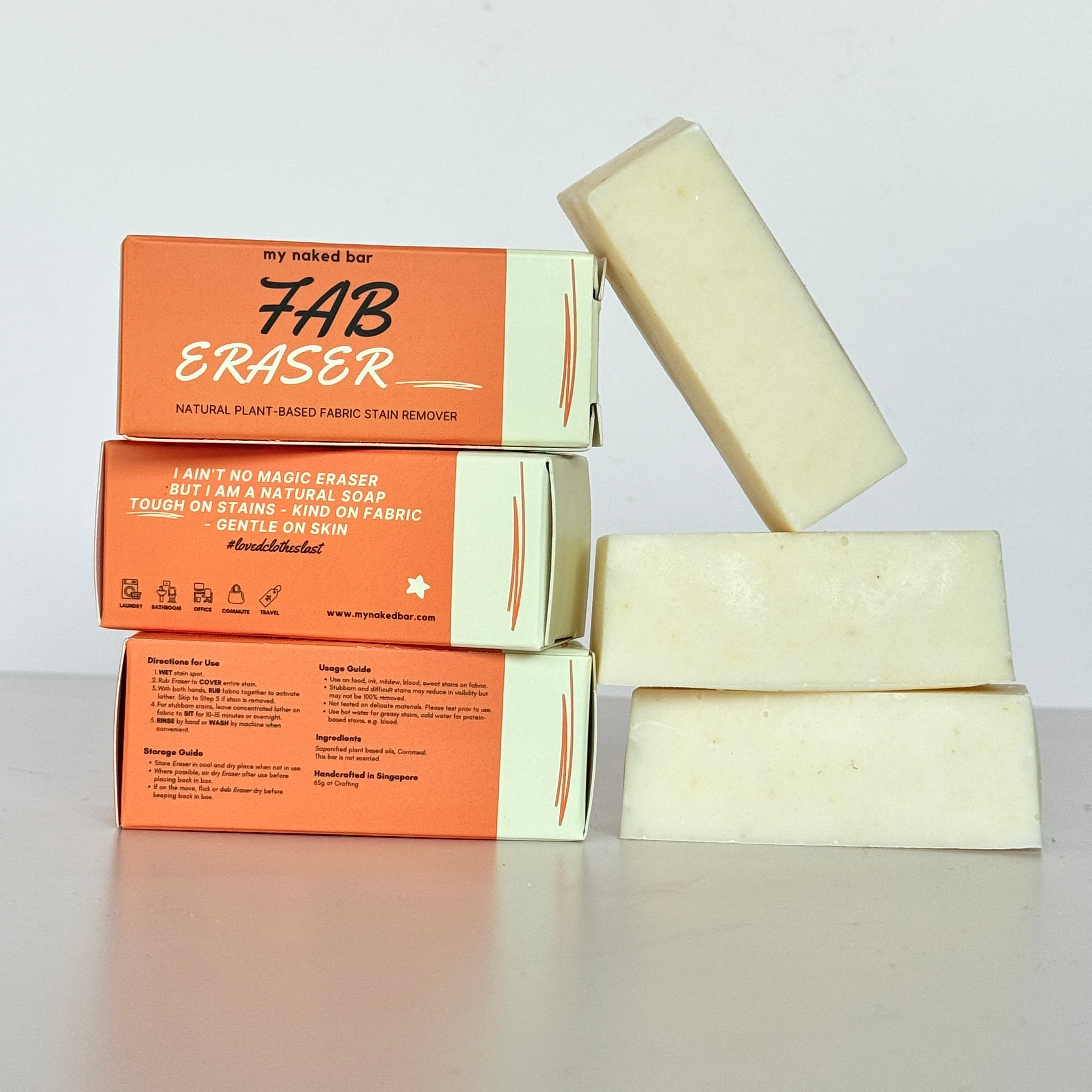 3 Fab Eraser packaging and bars on a light gray background
