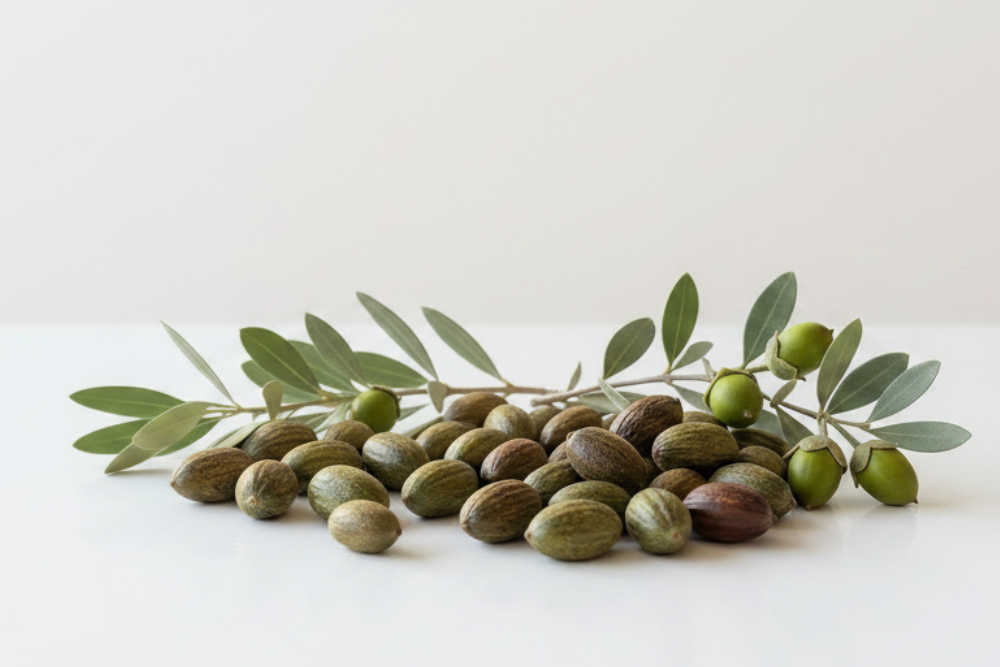Jojoba seeds and fruits on a white table
