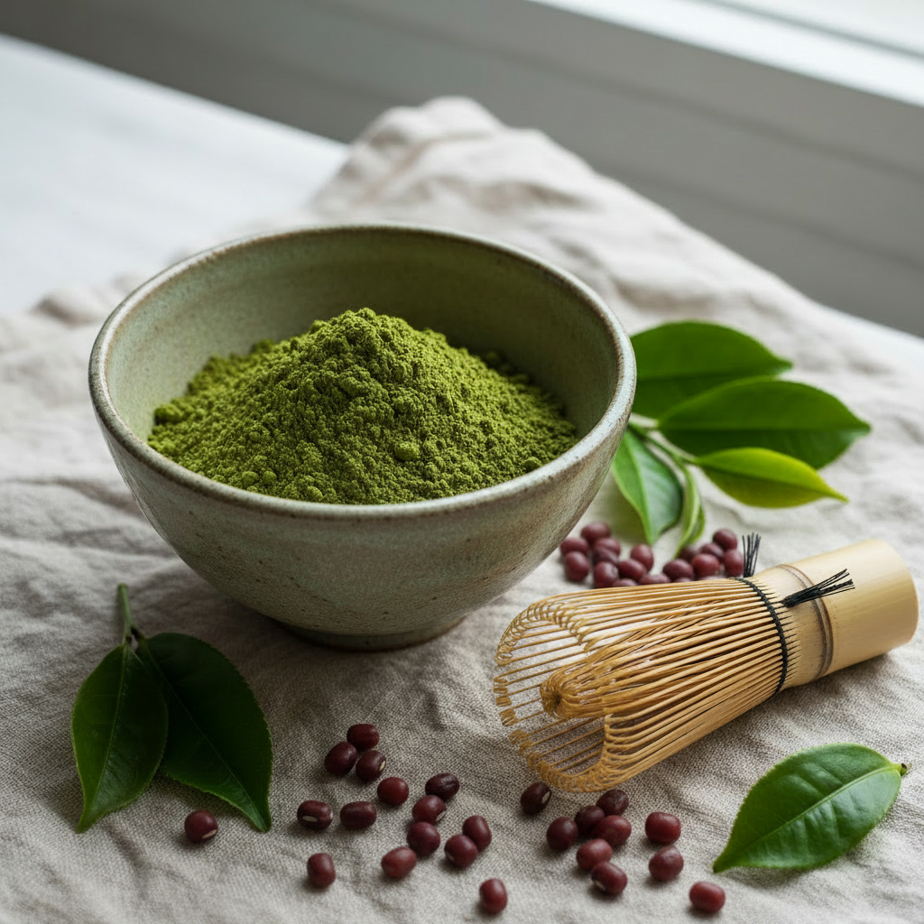 Bowl of green matcha powder with a bamboo whisk on a light fabric background with some azuki beans sprinkled on the table