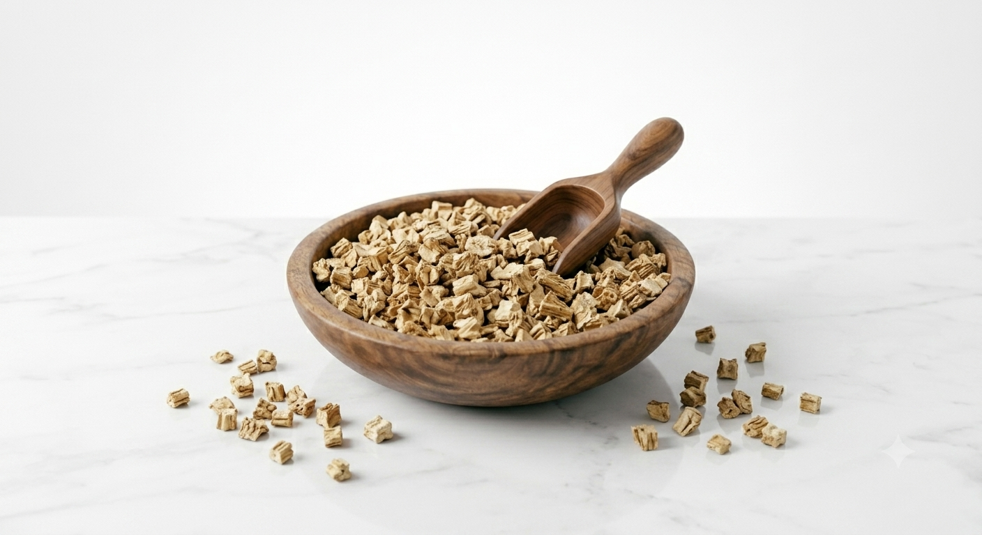 Wooden bowl of marshmallow root on a white table and background