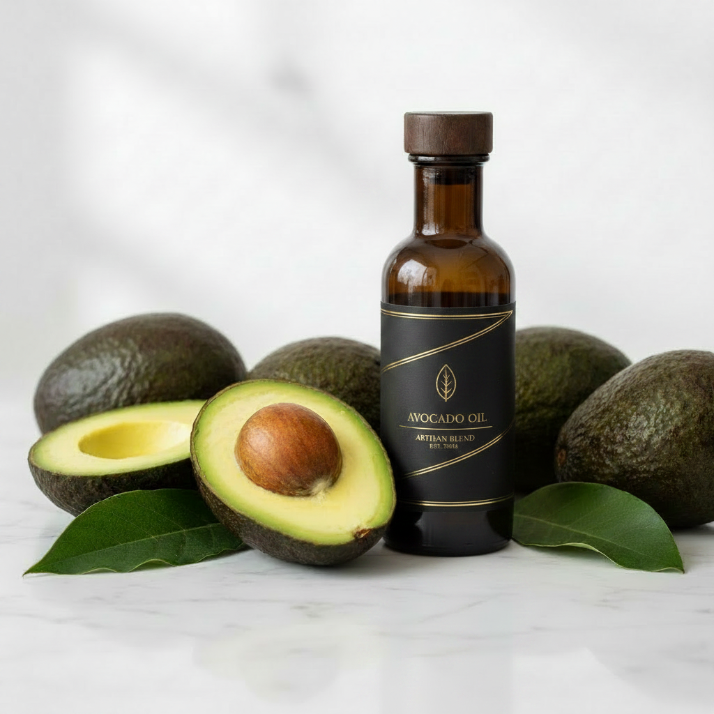 Bottle of avocado oil with whole avocados on a white background