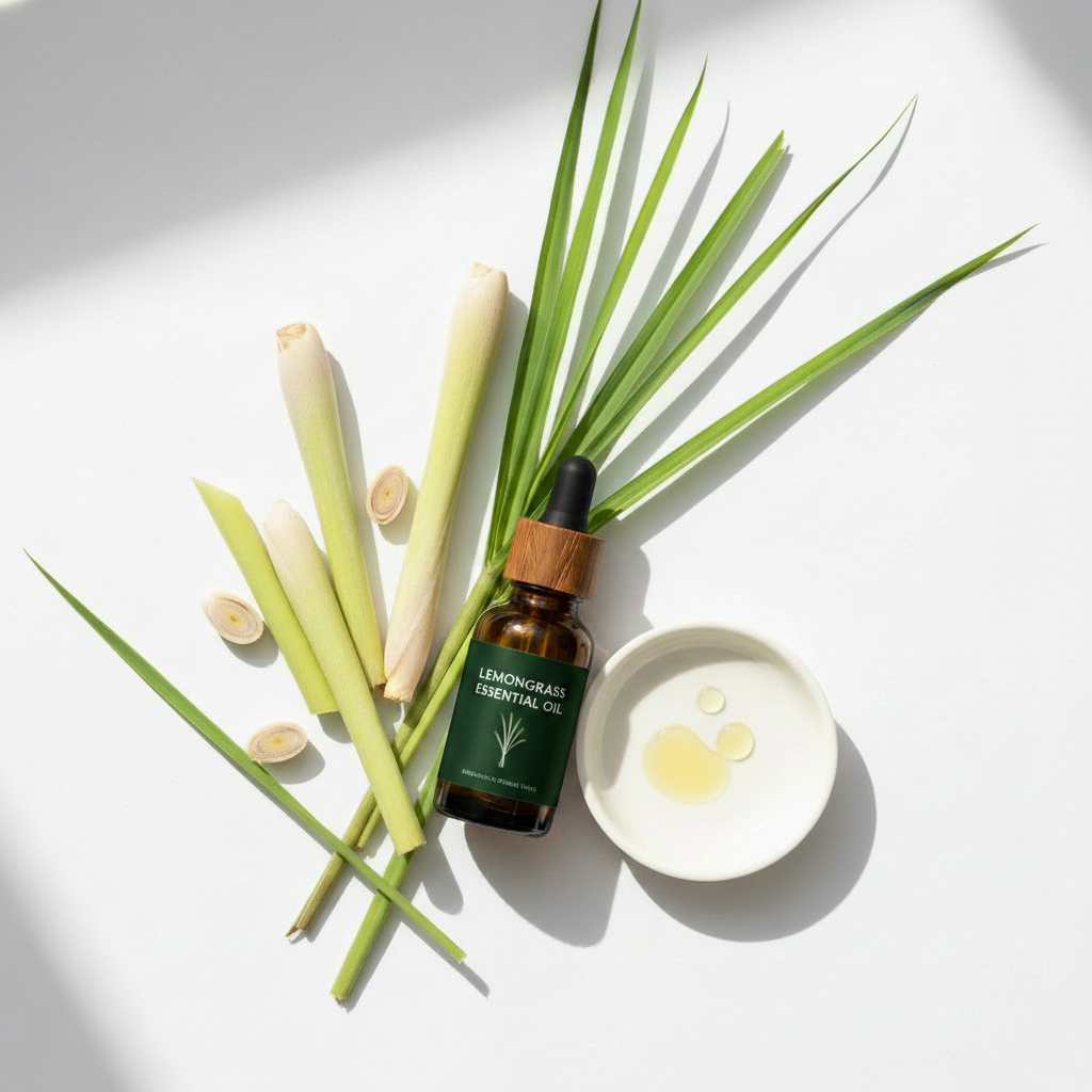 Bottle of lemongrass essential oil with lemongrass leaves and a candle on a white background