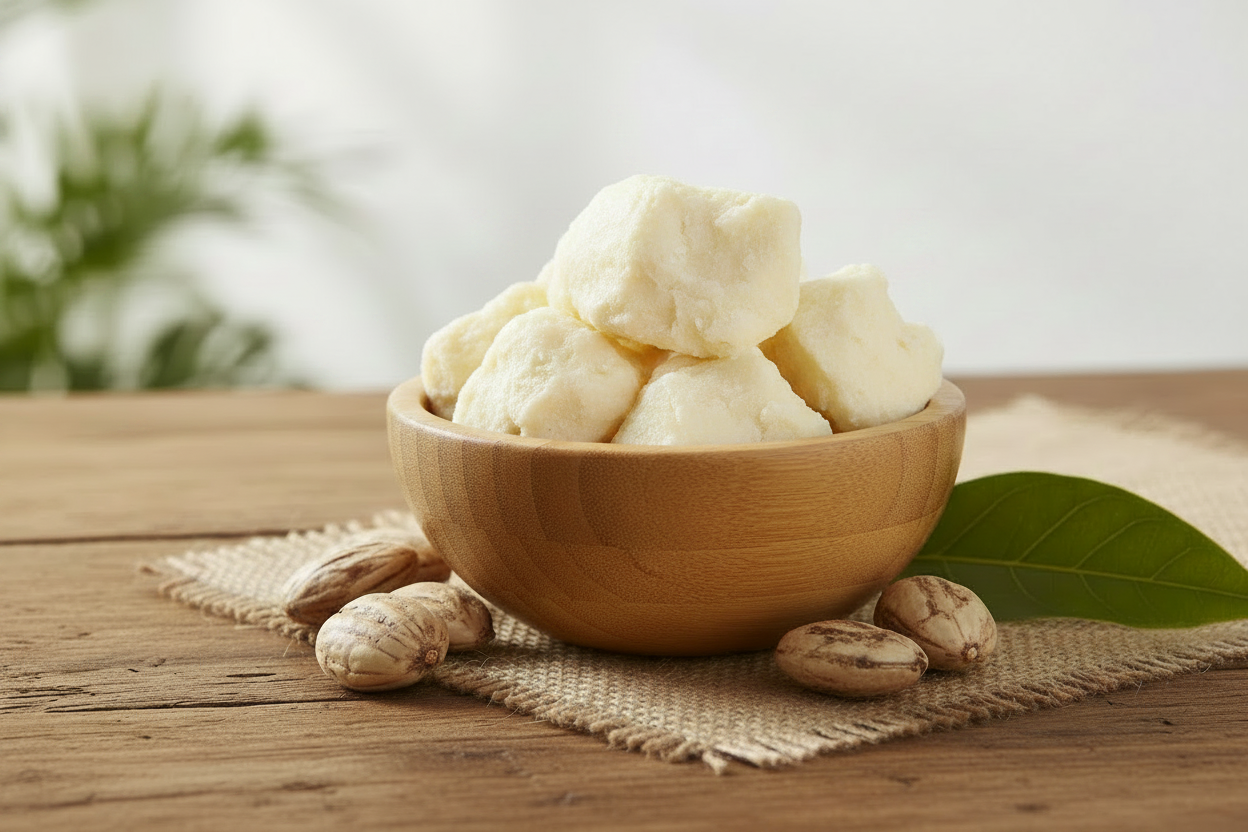 Shea butter in a bowl with shea nut on a wooden table