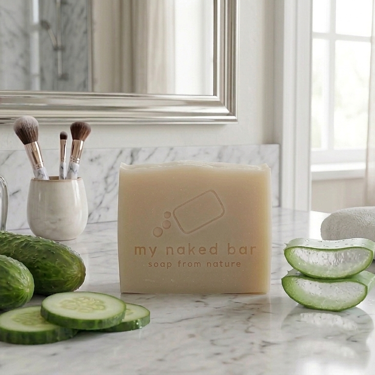 Cucumber aloe soap bar with fresh cucumber and aloe vera on a vanity top
