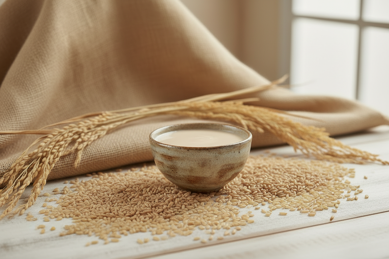 Bowl of organic rice milk on a wooden surface with rice stalks and burlap fabric in the background