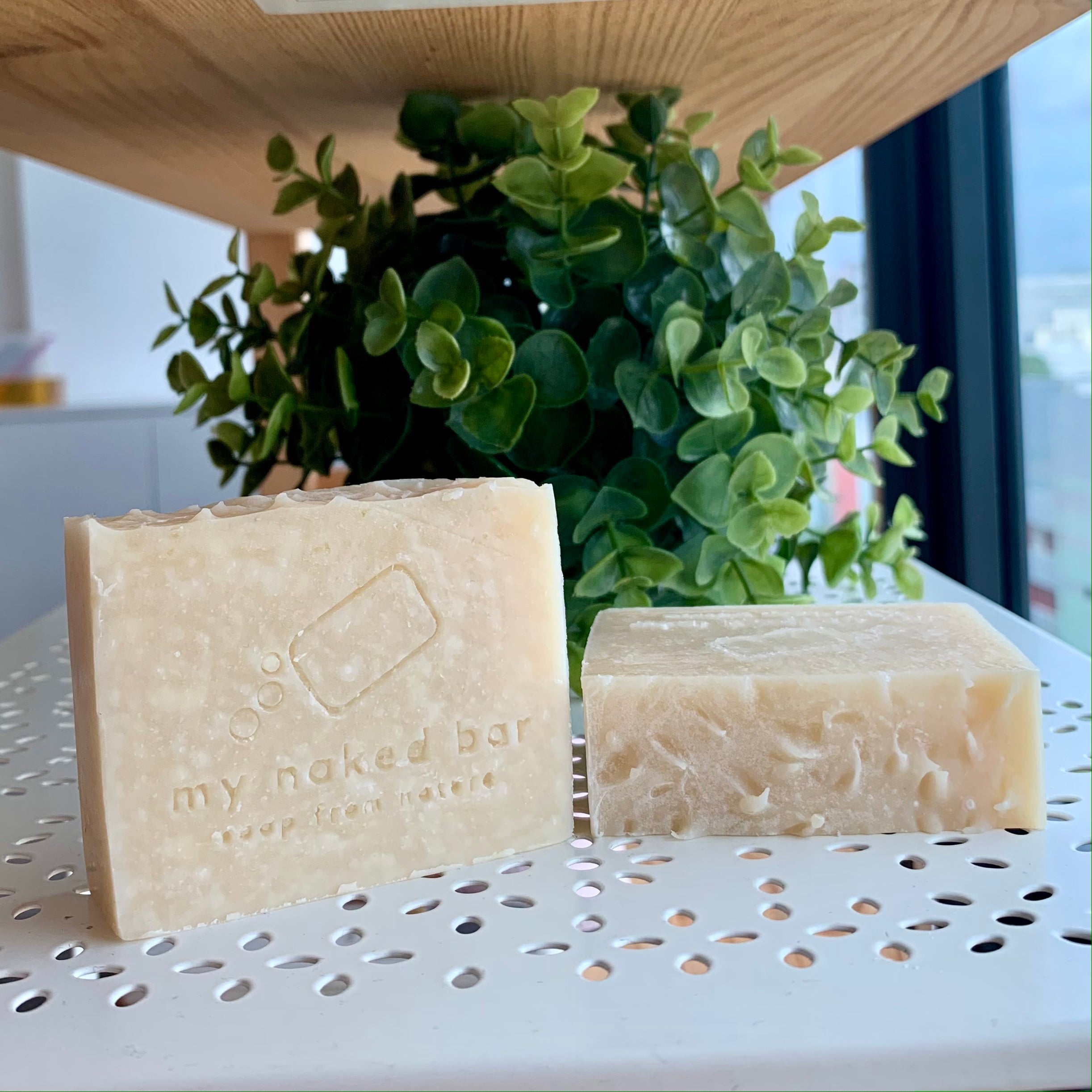 2 Rice Milk Soap Bar_front and top view sitting on a white shelf with green plant behind.