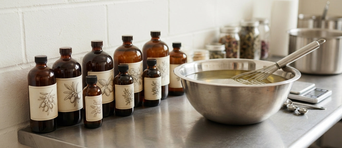 A stainless steel mixing bowl with a whisk sits on a metal counter beside several amber glass bottles with botanical-style labels, in a clean soap lab.