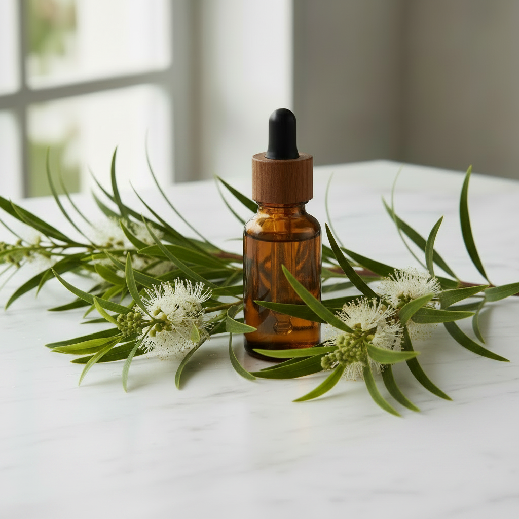 A bottle of essential oil with Tea Tree on a white table