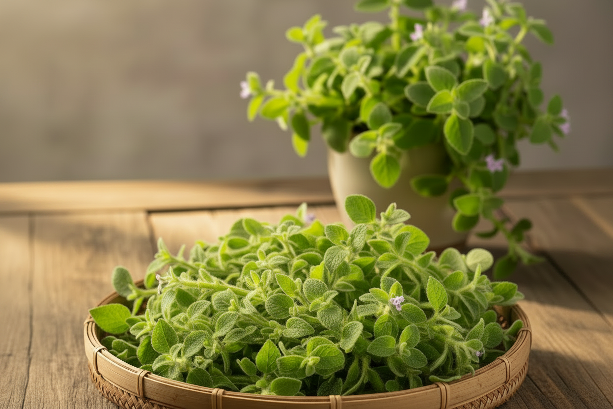 Basket of harvested Indian borage with blurred potted plant in background