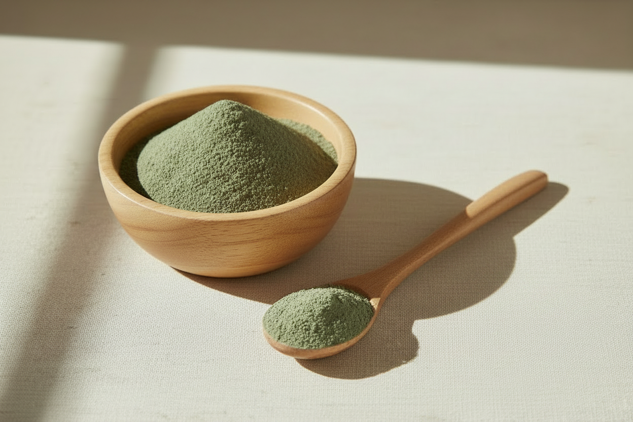 Green Clay in a wooden bowl with some on the table